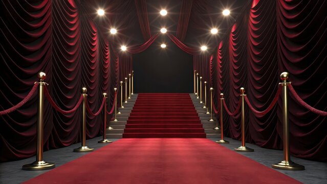 Red Carpet Premiere: Captivating view of a red carpet leading toward a grand stage, evoking an air of luxury and excitement. Perfect for themes of celebration, awards, or elegant event