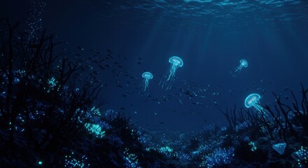 Obraz premium Bioluminescent underwater scene, 3D render. Strange, glowing flora and fauna illuminate the deep ocean floor. A school of small, shimmering fish swims past ethereal jellyfish. Dark blue water, magical