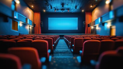 Empty movie theater, dark, red seats, big screen
