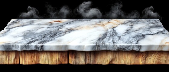 Marble top on wood block steaming, showcasing texture & contrast, set against black backdrop