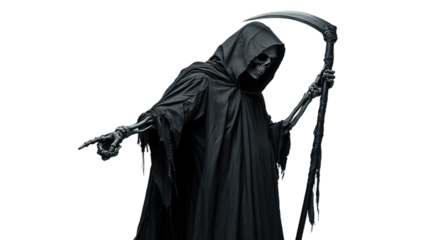 Grim reaper death halloween scary spooky skeleton scythe horror dark fantasy gothic grimace halloween costume isolated on transparent background