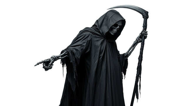 Grim reaper death halloween scary spooky skeleton scythe horror dark fantasy gothic grimace halloween costume isolated on transparent background