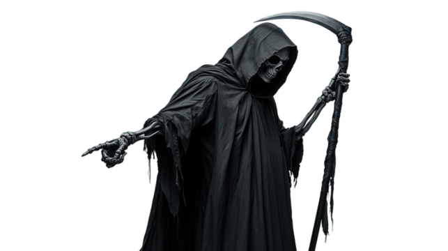Grim reaper death halloween scary spooky skeleton scythe horror dark fantasy gothic grimace halloween costume isolated on transparent background