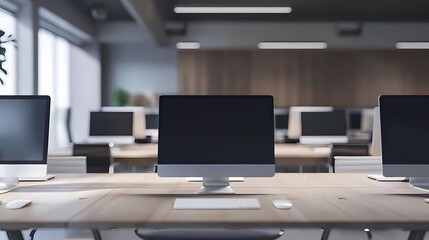 A deserted modern office of an IT company with turned off desktop, facing directly into the camera, Generative AI illustrations.