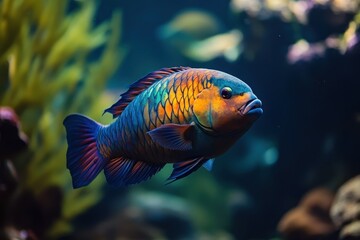 Vibrant Rusty Parrotfish (Scarus ferrugineus) Swimming Gracefully in a Colorful Coral Reef