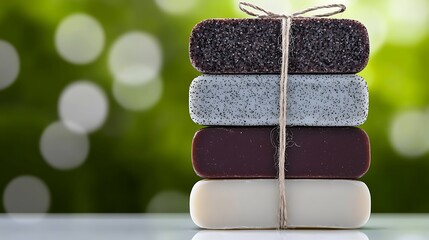 Stacked soaps with twine. Assorted colors & textures. Green bokeh background. Natural, handmade appearance