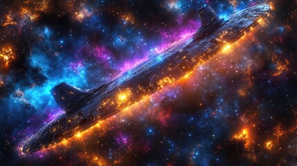 Starship cruising through colorful cosmic nebula, illuminated with city lights, space background