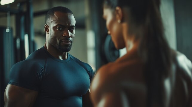 Personal trainer guiding gym client. Featuring fitness coaching and workout routines
