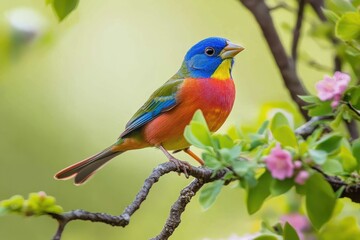 Vibrant Male Painted Bunting Perched in Springtime Habitat: A Colorful Texas Songbird foraging in the Wild