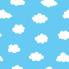 Seamless pattern with different cartoon clouds on blue sky background. Cute and simple wallpaper with white puffy cloud. Vector illustration in flat style.