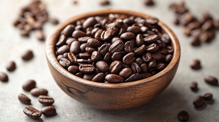 Fototapeta premium Rich coffee beans are artistically scattered around a beautifully crafted wooden bowl, inviting coffee lovers to indulge in a fresh brew
