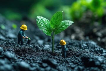 Workers nurturing a young plant in soil with care during a green initiative in a garden environment