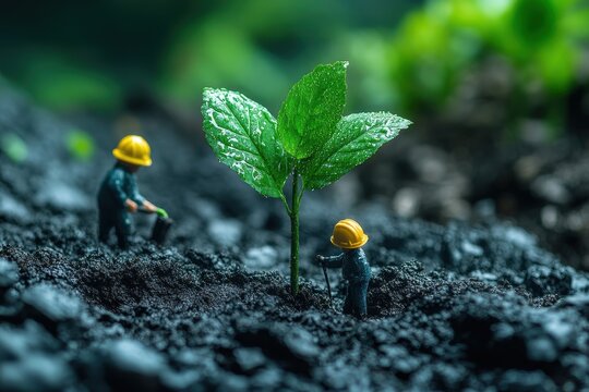 Workers nurturing a young plant in soil with care during a green initiative in a garden environment