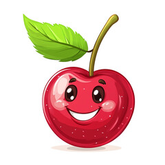 Obraz premium Happy smiling cherry cartoon fruit character joyful red green leaf