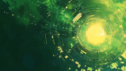 Abstract vibrant green and yellow digital art, with concentric circles and glowing center