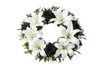 A wreath of white lilies and black roses. Green foliage fills the gaps in this floral arrangement