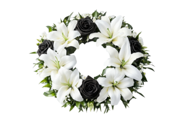 A wreath of white lilies and black roses. Green foliage fills the gaps in this floral arrangement