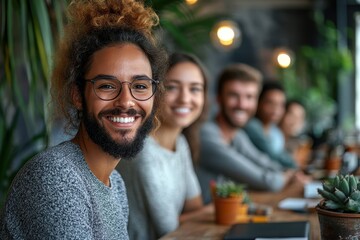 Fototapeta premium Smiling young man in glasses enjoying time with friends at a cozy cafe during the day