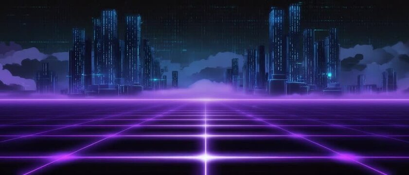 A glowing purple grid extends toward a futuristic digital cityscape under a night sky. Concept of retro-futurism, digital landscape, and cyber city evolution.