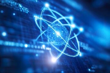 Abstract designs feature qubits and quantum symbols on blue background