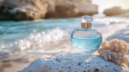 Elegant perfume bottle rests on coral beside gentle ocean waves, capturing the essence of a beach getaway during golden hour