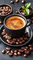Coffee cup filled with dark liquid, saucer covered in beans. Two small bowls around