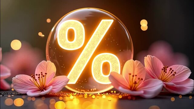 Neon glowing gold percentage sign against background of pink blooming, glitter and petals. Spring sale and discounts, March 8, Easter, Women's Day banner, flyer with copy space.