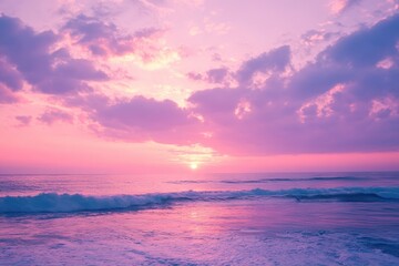 Fototapeta premium Stunning Vanilla Sky: A Scenic Sunrise Bathing the Horizon in Purple and Pink Hues over a Serene Sea