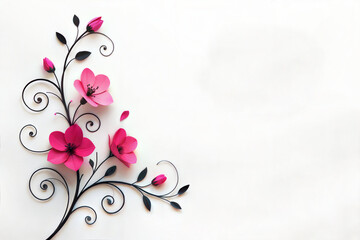 Mothers day floral greeting card with elegant pink paper flowers and black swirls on white background