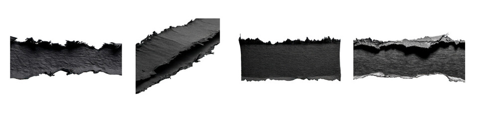 Set of Torn Black Paper Strip Texture isolated on transparent background