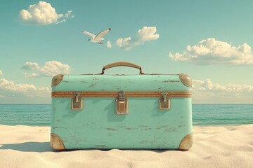 Vintage suitcase on beach with blue sky and ocean backdrop. Vacation imagery