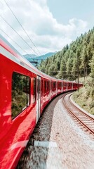 Red train winds through lush green trees on a sunny day, capturing a scenic rail journey