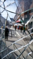 Shattered Glass with City Street Reflected in Background