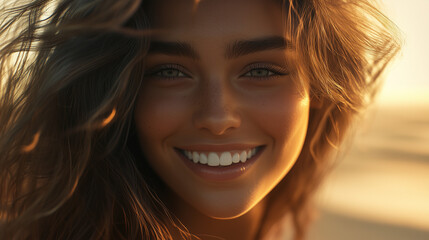 A joyful woman with a warm and inviting smile, her hair flowing in a soft breeze .