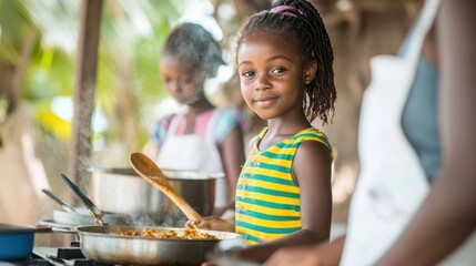 A young girl confidently cooks over a stove, glancing at the camera with a warm expression. Another child stands blurred in the background
