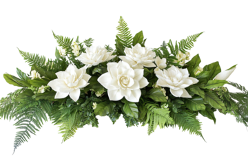A floral centerpiece features white blooms amid lush greenery, creating a harmonious and elegant composition
