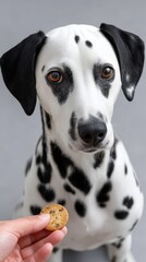 Dalmatian Dog Eagerly Attending Treat in Human Hand Close Up