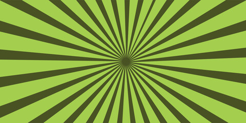 Green background with sun ray. Pattern of starburst. Abstract dark pastel green texture with light of sunburst. Radial beam of sunlight. Retro background with flash. Design of sunbeams.