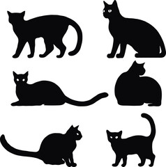 Set of Black Cat Silhouettes and Cute Kitty Illustrations