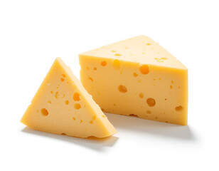 Yellow dairy food, a piece of Swiss cheese with holes, isolated on white