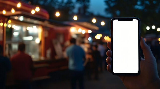 Blank Mobile Device in Hand at Food Truck Night Market Scene