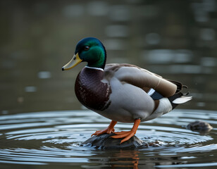 Fototapeta premium Duck Standing on Rock in Water Creating Ripples on Pond