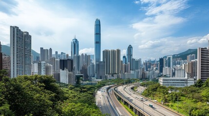 Fototapeta premium A vibrant urban skyline showcasing skyscrapers and roads, reflecting modern development and growth