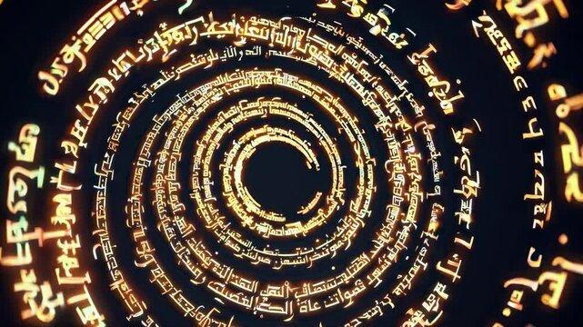 Spiral of glowing Arabic script creates a tunnel effect, viewed from a central angle, resembling a mystical video intro or transition. Live desktop wallpaper.