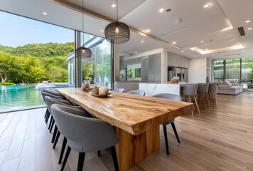 Fototapeta premium A dining room with a wooden table and gray chairs, a modern house in Bali, white floor tiles
