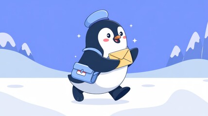 Cute 3D cartoon character of a penguin wearing a small mail carrier hat and satchel, waddling determinedly through a snowy landscape, holding a letter. Soft, snowy textures