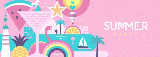 Hello Summer flat poster or banner with mermaid, cocktail, flamingo, tropic fruits and rainbow. Vector illustration