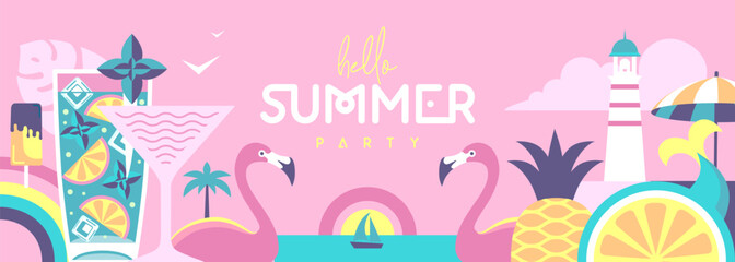 Hello Summer flat poster or banner with mermaid, cocktails, flamingo, tropic fruits and rainbow. Vector illustration