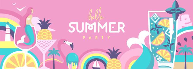 Hello Summer flat poster or banner with mermaid, cocktail, watermelon, flamingo and rainbow. Vector illustration