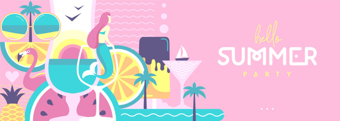 Hello Summer flat poster or banner with mermaid, cocktails, flamingo, tropic fruits and palm trees. Vector illustration